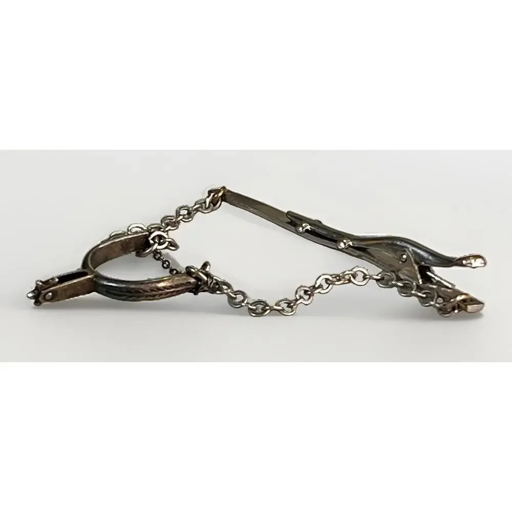 Vintage Sterling Silver Boot Spur Tie Clip Chain Silver Tone Western Cowboy 3”